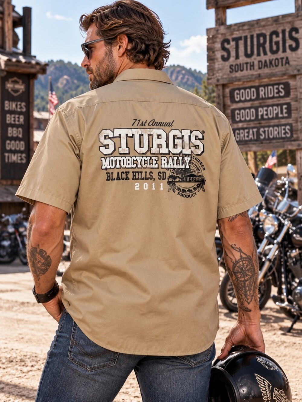 DICKIES Sturgis Shirt Mens XL TALL Tan 2011 Motorcycle Rally Biker Workwear Moto